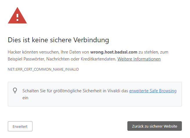Bei einem MITM-Angriff auf eine TLS-verschlüsselte Verbindung wird eine Warnung angezeigt.