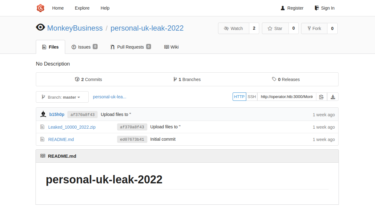 Image of the index page of the Operator web server showing a monkey and information for a password leak.