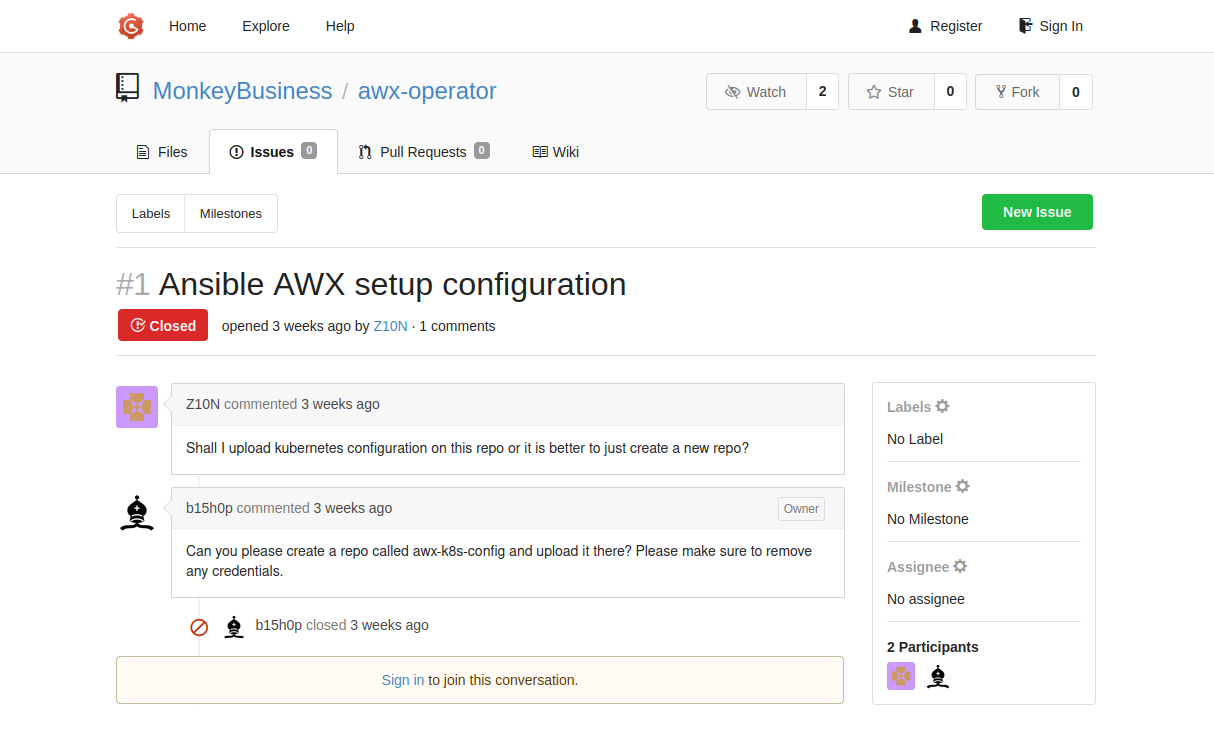 Image of an closed issue from the Monkey Business code forge containing a reference to another repository.