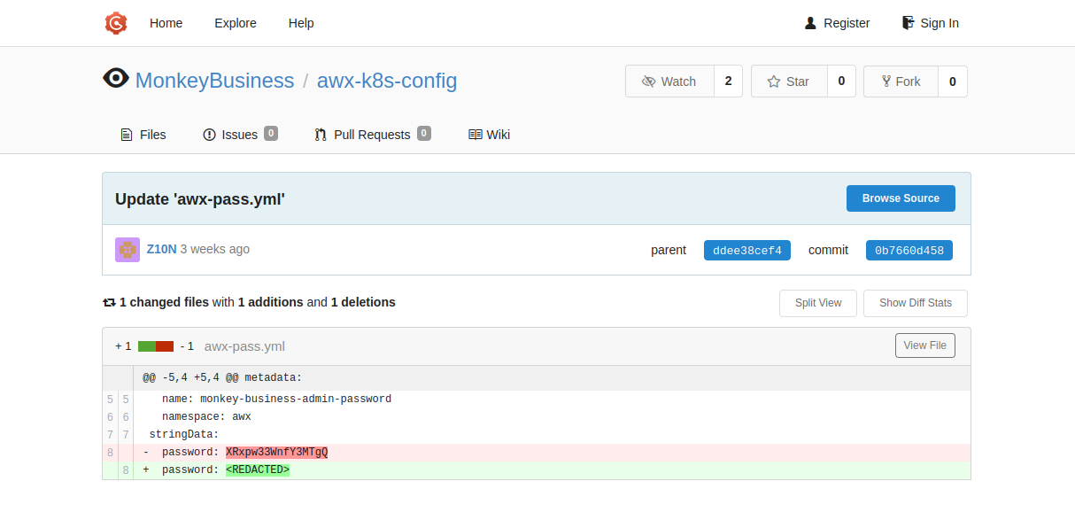 Image of an source code diff showing that a plaintext password was deleted from the repository.