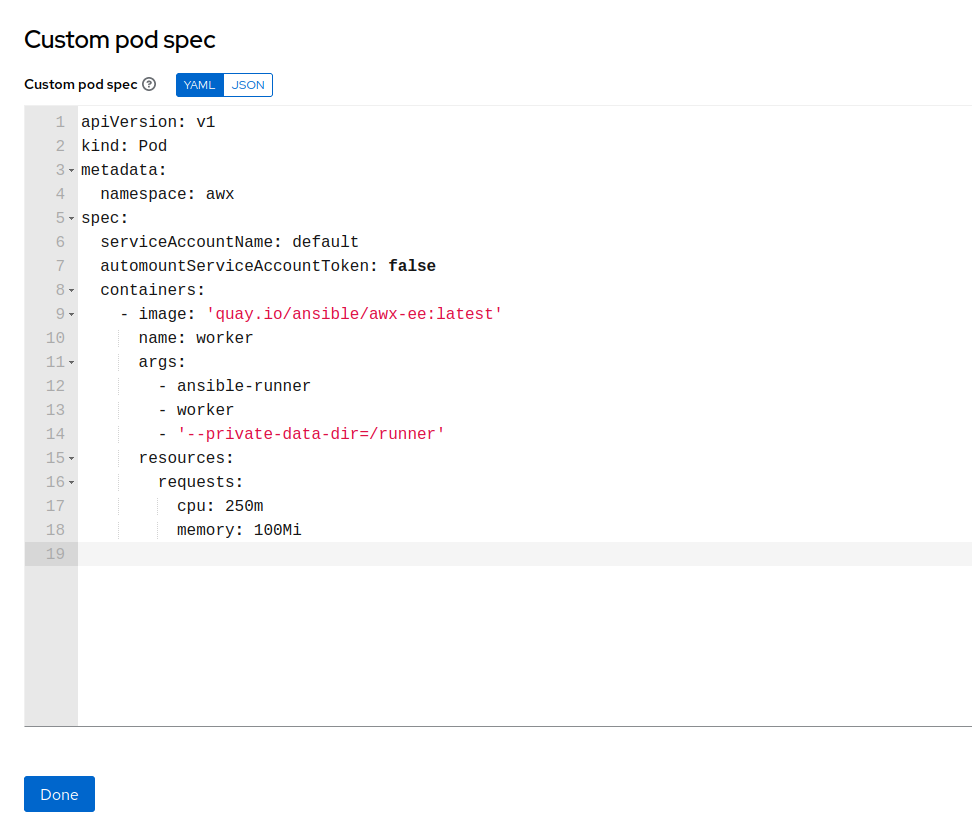 Image of the runner pod specification.