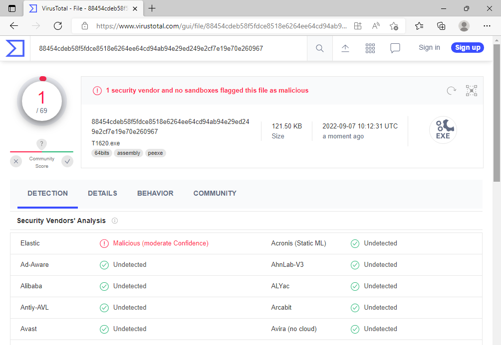 Screenshot des VirusTotal-Scans der Datei T1620.exe. 1 von 69 Antivirenscannern stuft diese Datei als schadhaft ein.