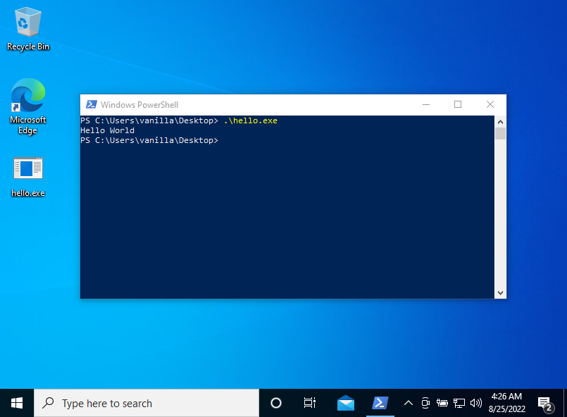 Screenshot von der Ausführung des Programs hello.exe