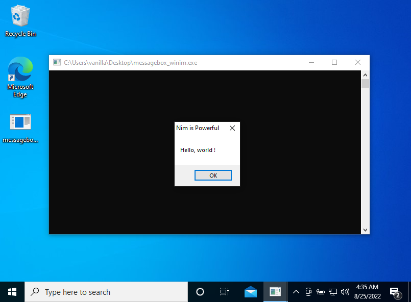 Bild der Ausführung der Anwendung messagebox-winim.exe, die ein Dialogfenster über die Windows-API erstellt