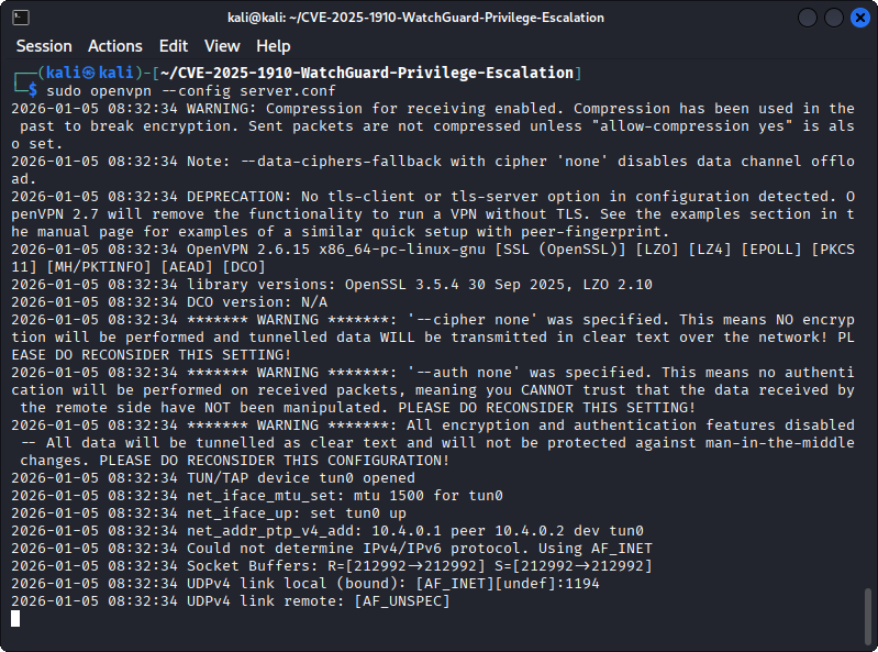 Image showing the terminal output for the OpenVPN command from above.