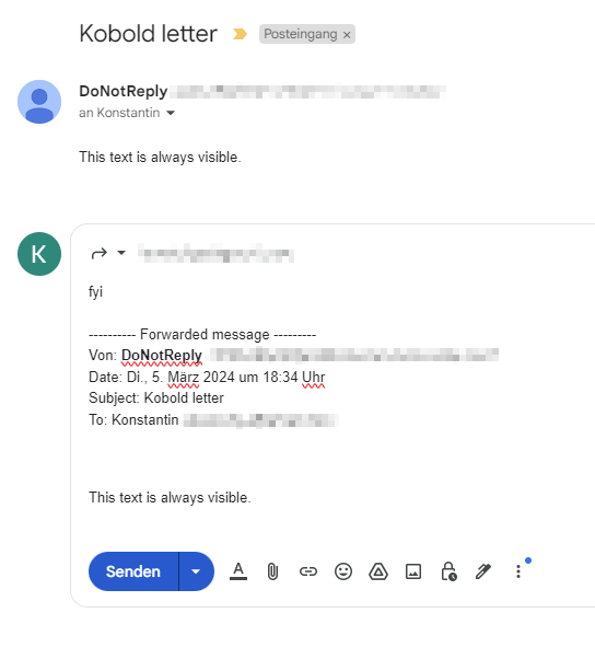 A simple email containing the sentence "This text is always visible."
