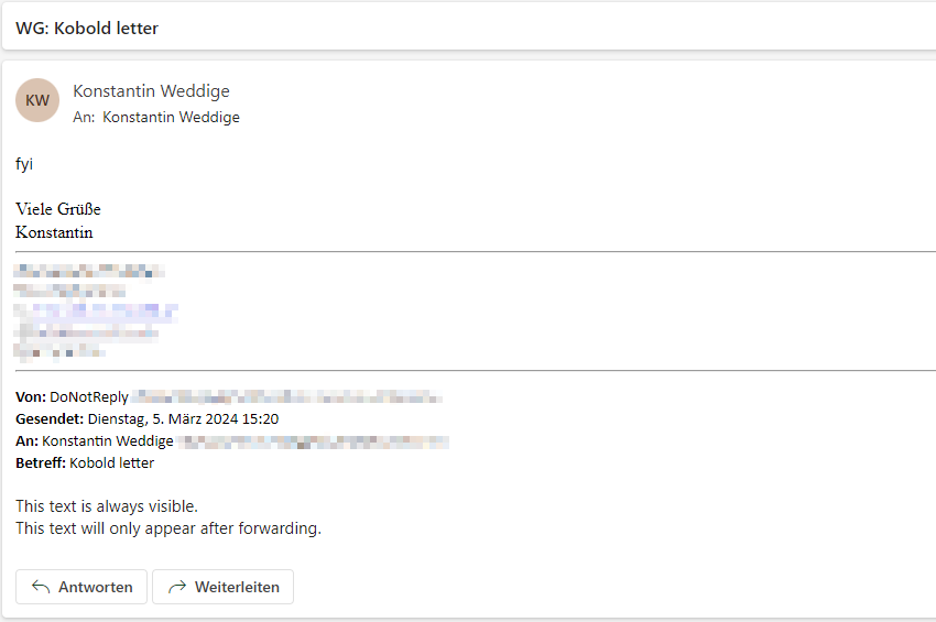 The sentence "This text will only appear after forwarding." is now visible.