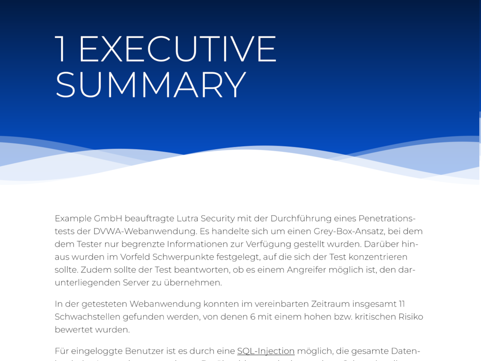 Ausschnitt aus einem Lutra Security Penetrationstest-Bericht, der die Management-Summary zeigt.