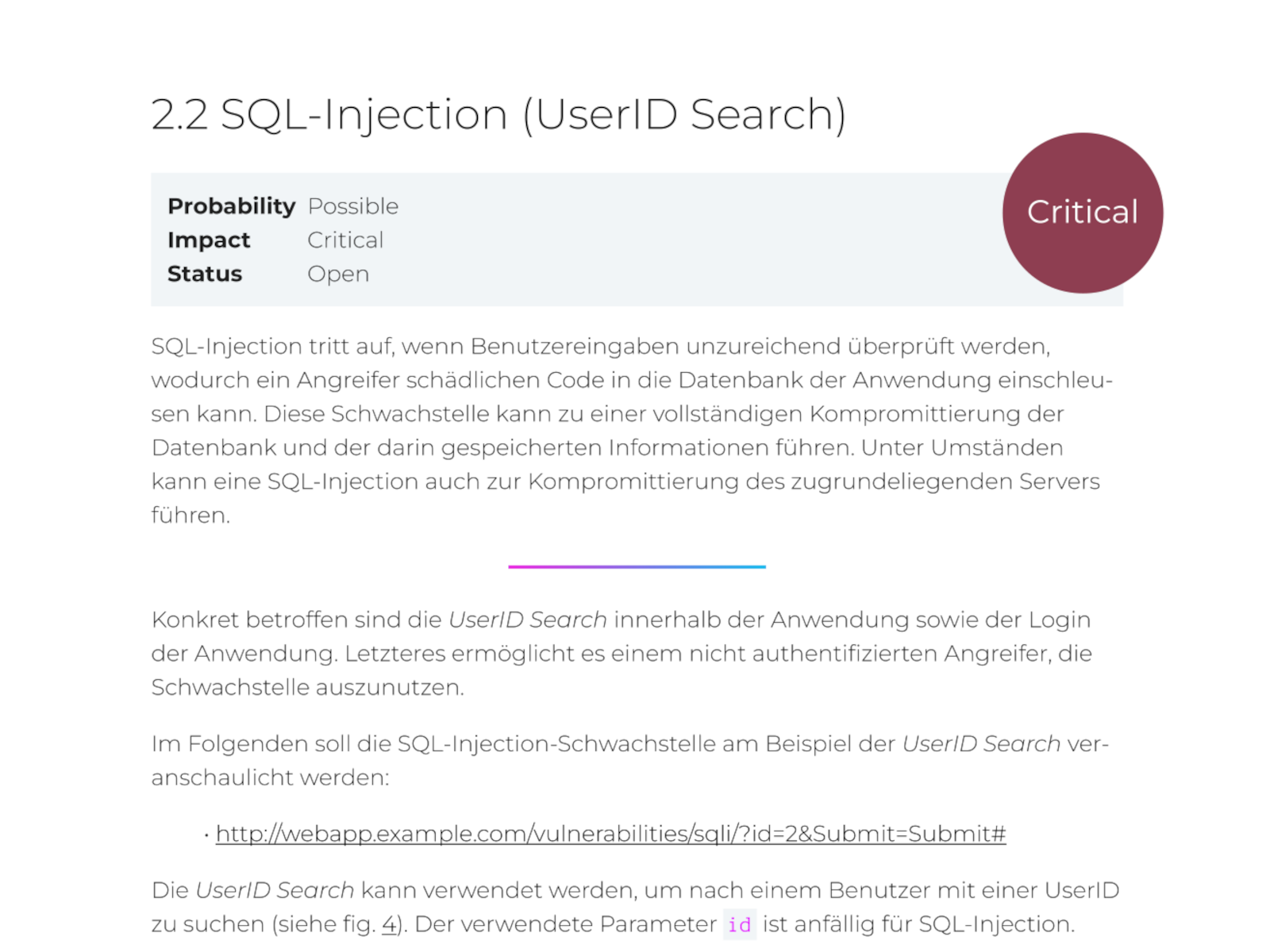 Ausschnitt aus einem Lutra Security Penetrationstest-Bericht, der die Risikobewertung zeigt.